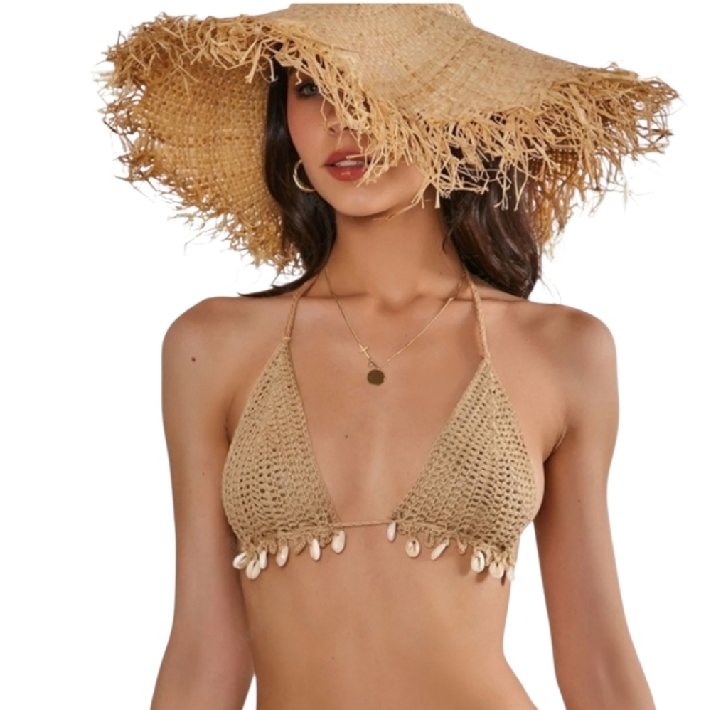 Bohemian Tan Crochet Bikini Top Shell Fringe Boho Chic Resortwear Festival